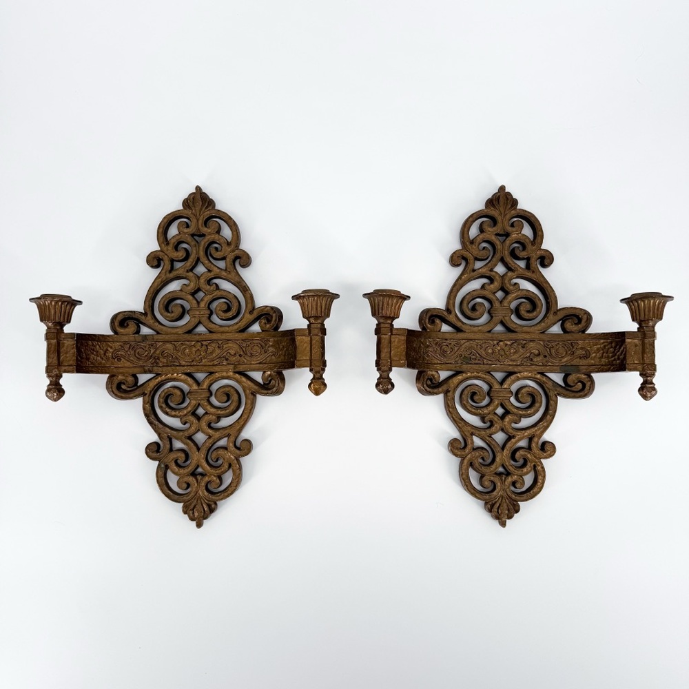 Syroco Hollywood Regency Gold Scroll Candle Sconces Antique Gold Set of 2